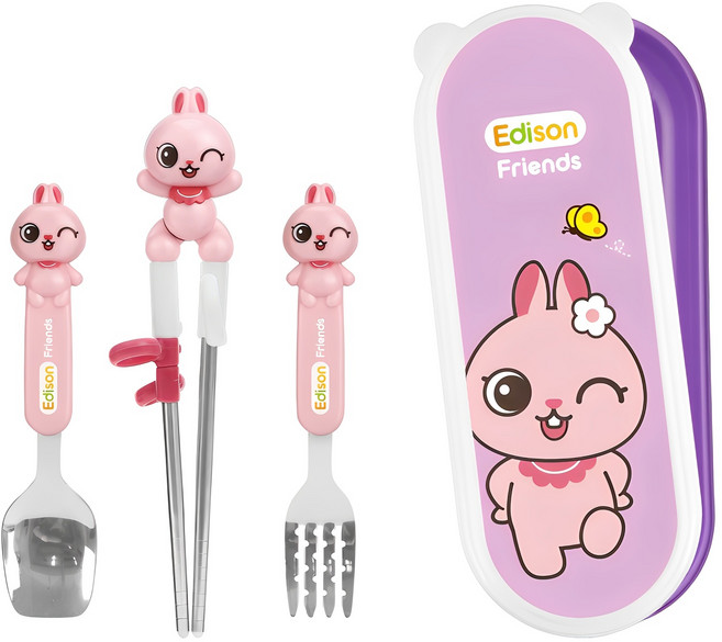 에디슨 프렌즈 4종 케이스 세트 오른손용, 토끼바니, 젓가락 + 스푼 + 포크 + 케이스, 1세트