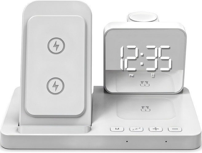 유엠투 애플워치 & 갤럭시워치 4in1 고속 무선 충전기 탁상 알람시계, 화이트, 1개