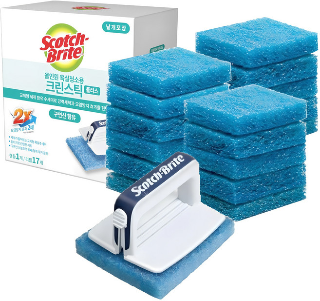 스카치브라이트 올인원 욕실청소용 크린스틱 스타터팩 플러스 핸들 + 리필 17개, 혼합색상, 1세트