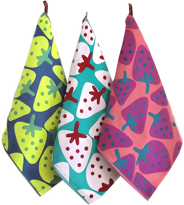 북유럽풍 주방타올 딸기 3종 세트, 옐로우 + 그린 + 핑크, 1세트