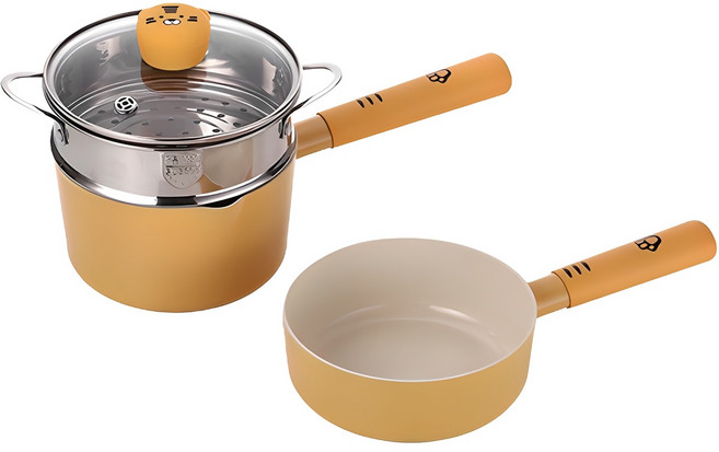 네오플램 인덕션 호랑이 베이비 이유식 냄비 4종, 옐로우, 밀크팬(1.6L) + 쁘띠웍(0.92L) + 스테인리스 찜기 + 유리뚜껑, 1세트