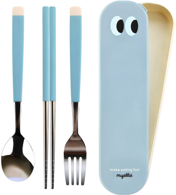 보네르 주니어 & 키즈용 커트러리 세트, 블루, 스푼 + 포크 + 진공젓가락 + 휴대케이스, 1세트