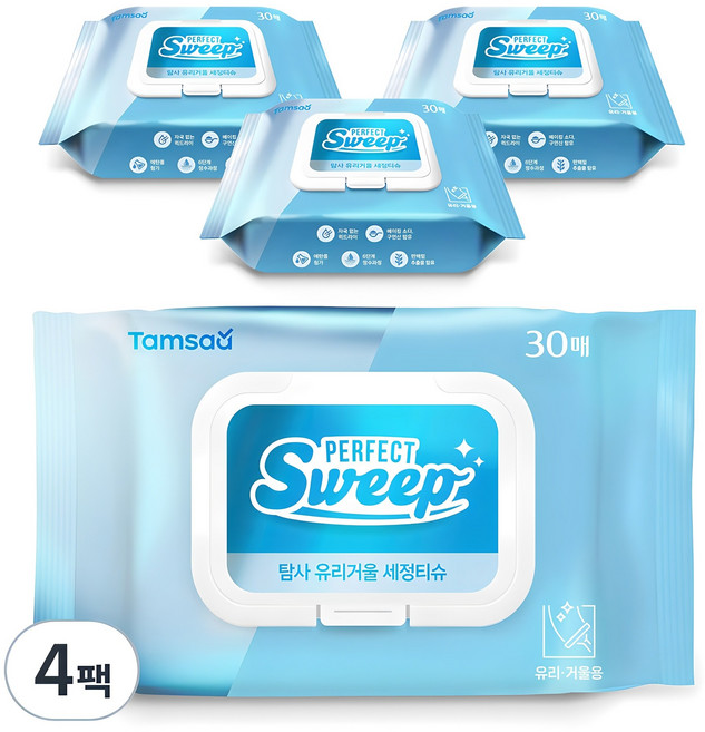 탐사 유리거울 세정티슈 30매, 4개, 45gsm