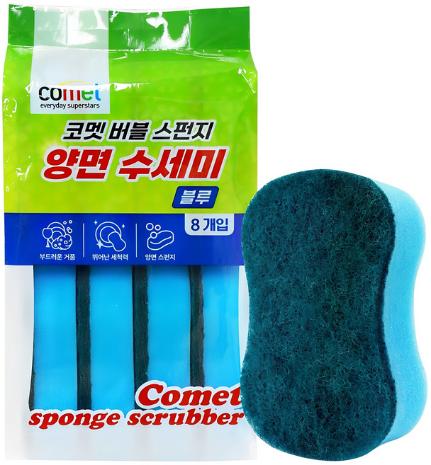코멧 양면 무흠집 스펀지 수세미 블루, 8개입, 1개