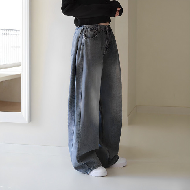 SUBIJEANS 女款復古側邊摺疊寬鬆長版牛仔褲 SP7324-1