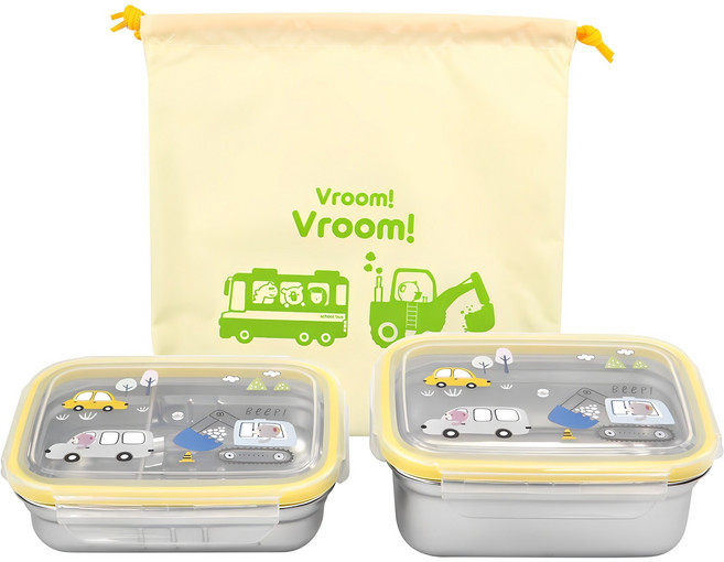 키친유 아동용 붕붕 스텐 사각 도시락 2종 + 가방 세트, 혼합색상, 1세트