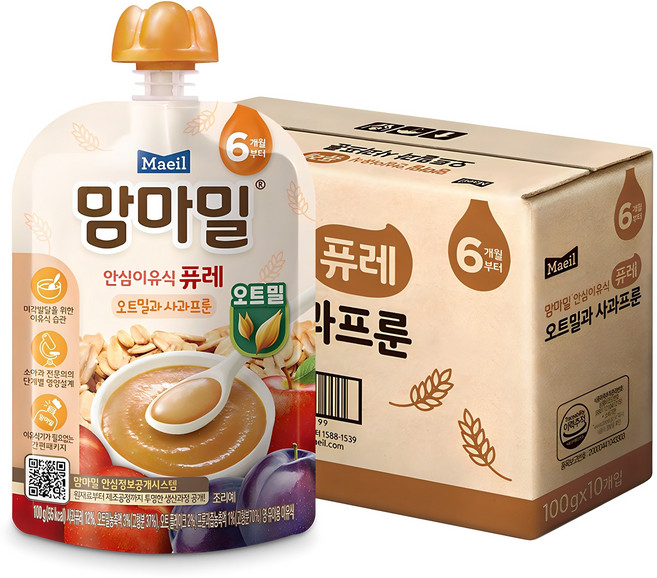 맘마밀 유아용 안심이유식 퓨레 오트밀과 사과프룬, 100g, 10개, 혼합맛(사과/프룬/오트밀)