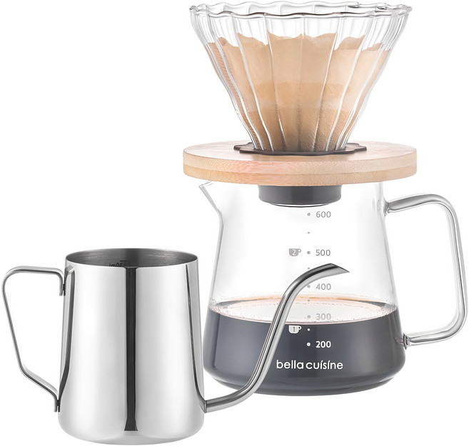 벨라쿠진 홈카페 핸드드립 커피 3종 세트, 1세트, 우드 받침대 + 유리 드리퍼 + 커피 서버 + 드립포트
