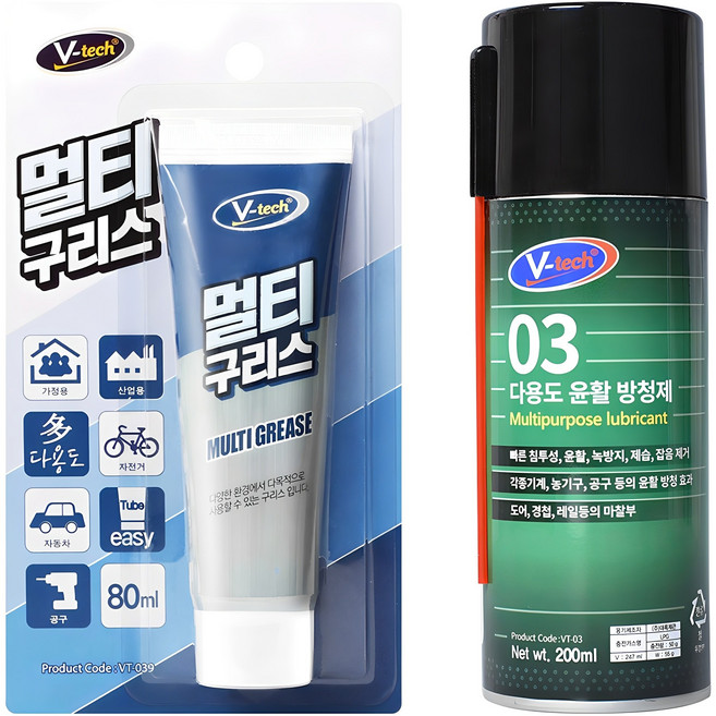Vtech 녹슬고 뻑뻑한 곳 끼익 소리 제거 방청윤활제 200ml + 멀티구리스 80ml 세트, 1세트