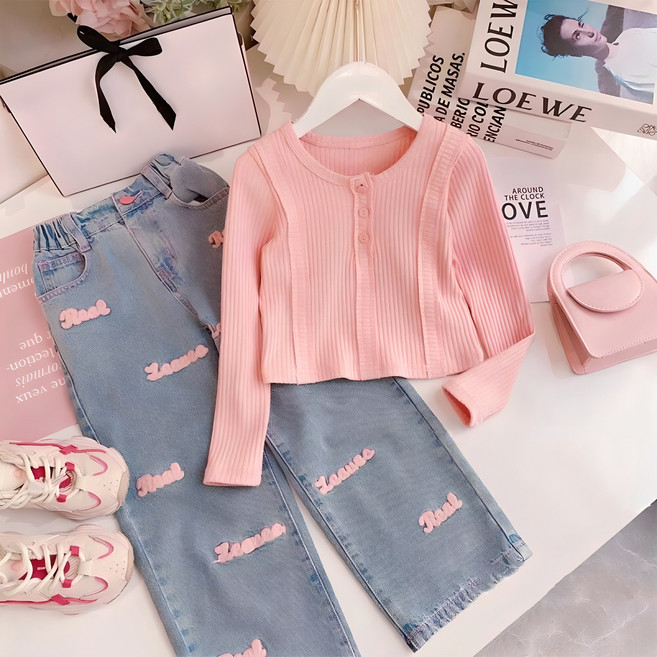 Arbe 여아용 베츠 레터링 데님 상하의 세트