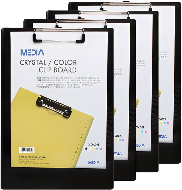 MEDIA 크리스탈 칼라 클립보드 A4, 흑색, 4개