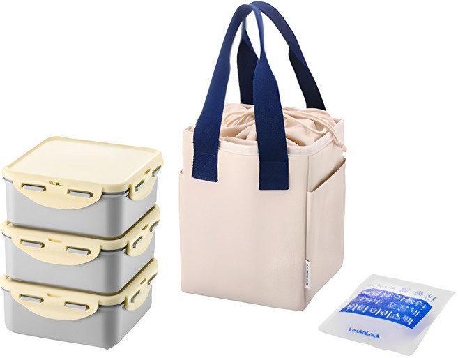 락앤락 데일리 코튼 정사각 3단 도시락 세트, 아이보리, 1세트