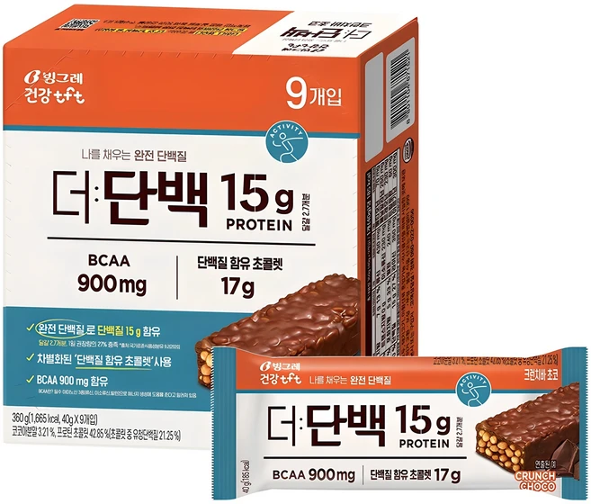 빙그레 더단백 크런치바 초코, 40g, 9개 - 쿠팡