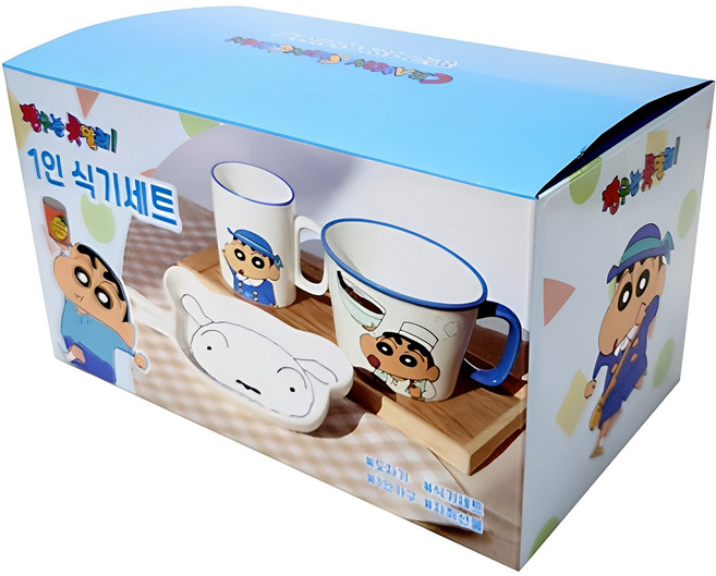 르번 짱구는 못말려 1인 식기 세트 3p, 혼합색상, 흰둥이 핸들 플레이트 + 세라믹 면기 + 도자기 머그, 1세트