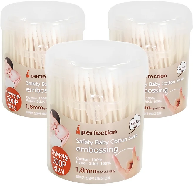 퍼펙션 신생아 엠보싱 면봉, 300개입, 3개 - 쿠팡