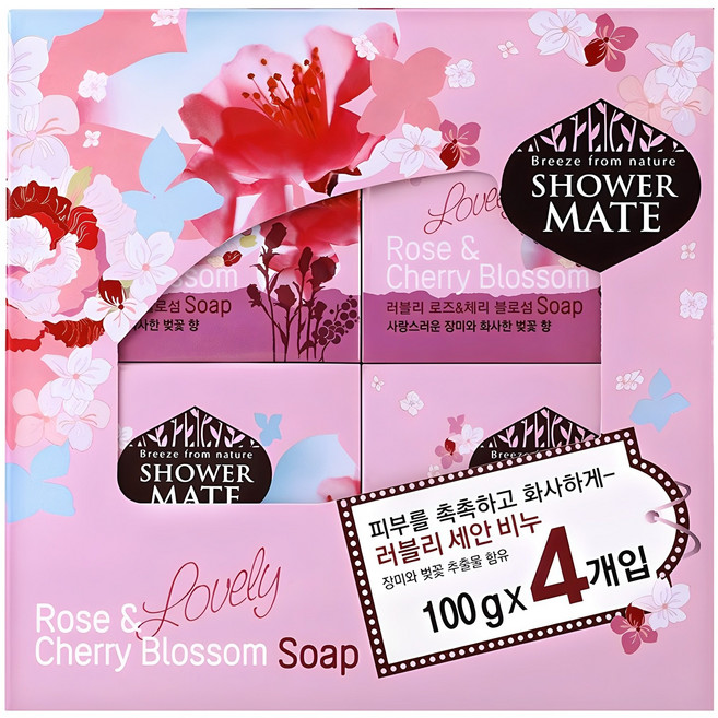 샤워메이트 세안 비누 러블리 로즈 앤 체리 블로섬, 100g, 4개입