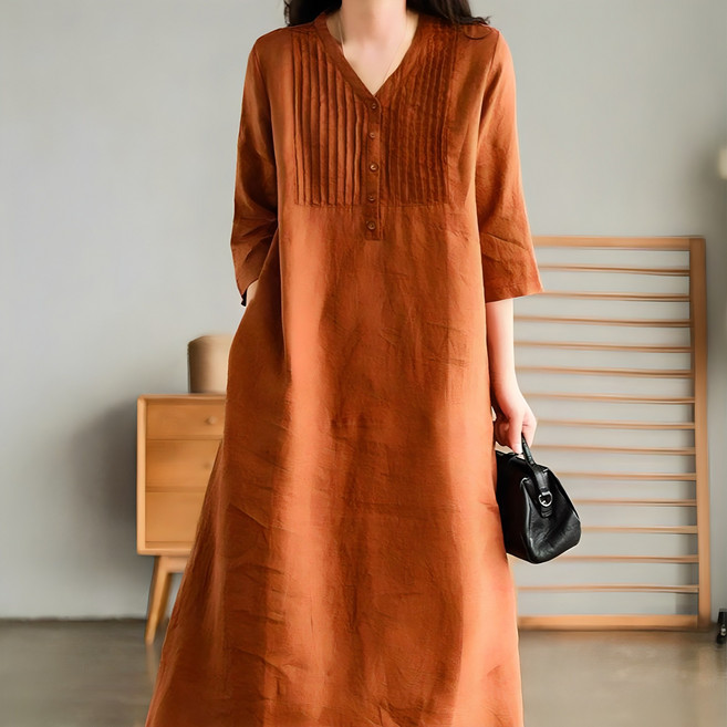 IMMONG 女款大尺碼V領褶皺亞麻連身長裙, 橘子