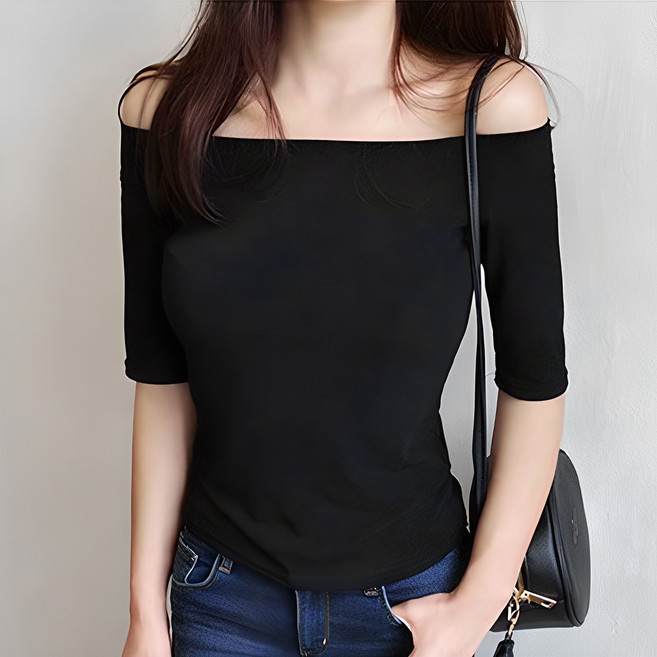 구디프 여성용 통기성 오프숄더 5부 소매 티셔츠