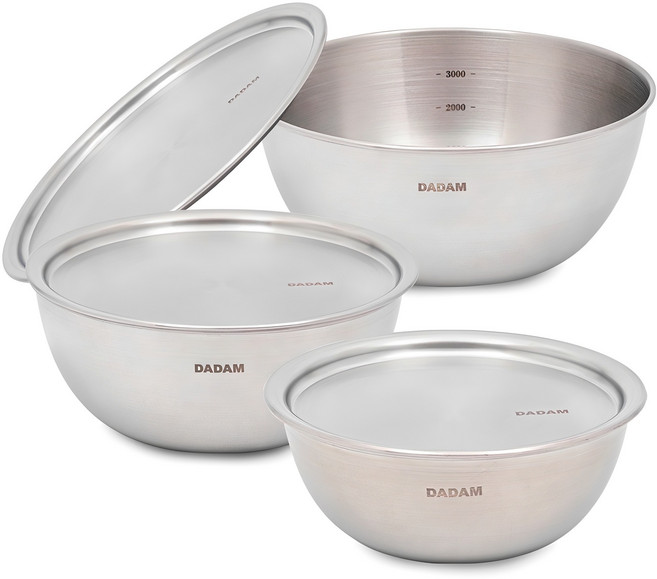 퀸센스 다담 스텐 믹싱볼 세트, 믹싱볼 3종 + 뚜껑 겸용 쟁반 3종, 1개