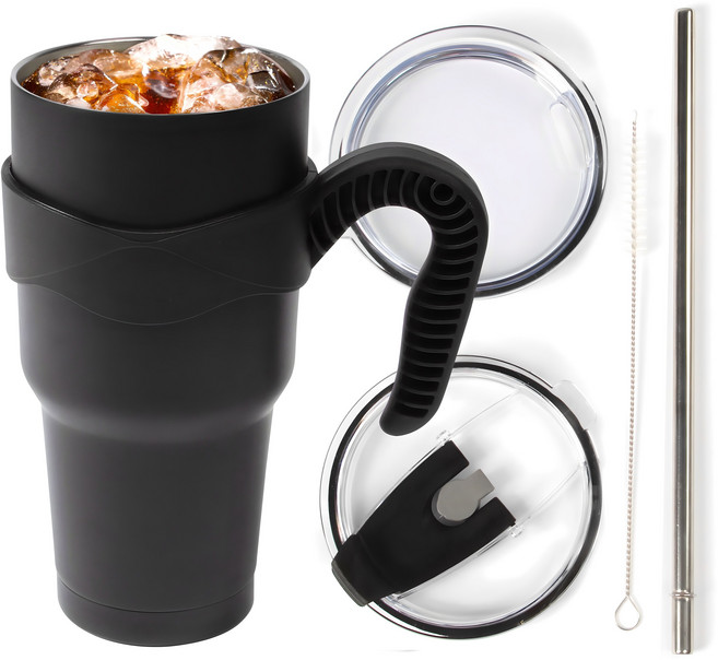 키에 이중 진공 스테인리스 텀블러 + 핸들 + 뚜껑 2종 + 스테인리스 빨대 + 빨대 클리너 세트, 블랙, 900ml, 1세트
