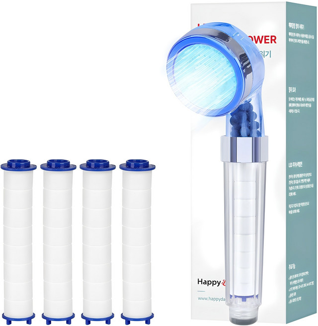 해피달링 3색 LED 필터 수압상승 샤워기 헤드 수온감지 수력발전 + 리필필터 4p 세트, 1개, 혼합색상