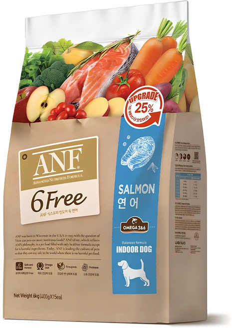 ANF 생후 4개월 이상 인도어 독 식스프리 건식사료, 연어, 6kg, 1개