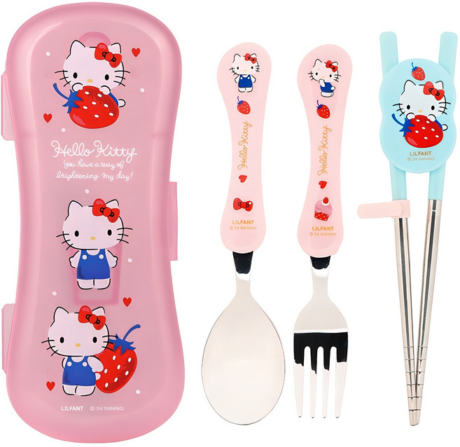 릴팡 산리오 익스슬림 스텐 4종 세트, 헬로키티, 숟가락 + 포크 + 젓가락 + 케이스, 1세트
