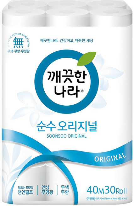 깨끗한나라 순수 오리지널 천연펄프 2겹 롤화장지, 40m, 30개입, 1개