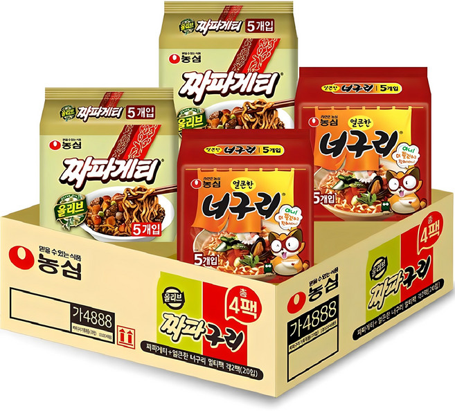 농심 짜파게티 10개 140g + 얼큰한너구리 10개 120g, 20개