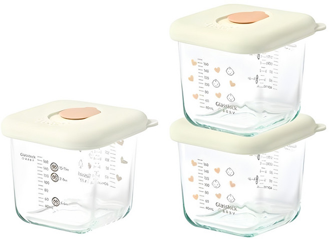 글라스락 베이비 대용량 스마일캡 눈금 이유식 보관용기, 270ml, 혼합색상, 3개