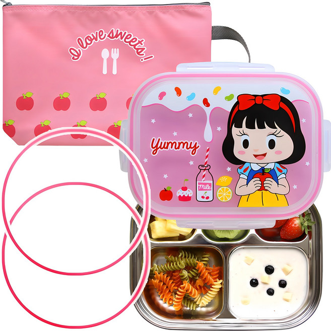 리틀미 유아용 실리콘 추가 스텐 식판 세트, 핑크사과공주, 스텐 식판 + 가방 + 실리콘 2p, 1개
