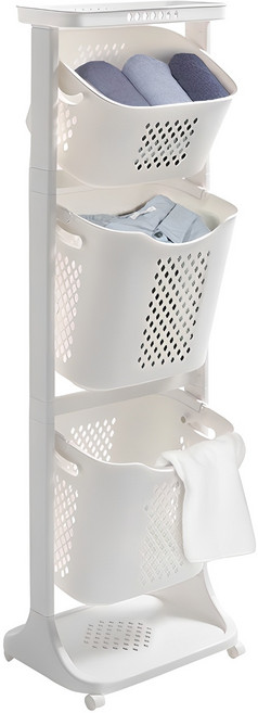 네이쳐리빙 VER.2 대용량 트롤리 스윙 3단 빨래바구니, 아이보리