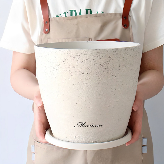 모리앤 엣지스톤 플라스틱 원형 화분 + 받침 세트 2321, 베이지, 1개