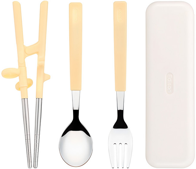 에디슨 2단계 스텐 젓가락 스푼 포크 케이스 세트, 옐로우, 젓가락 + 스푼 + 포크 + 케이스, 1개