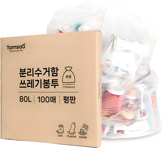 탐사 분리수거 쓰레기봉투 평판 투명, 80L, 100개