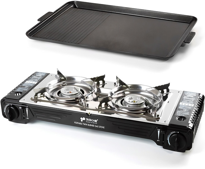 키친아트 휴대용 트윈 가스렌지 + 불판 세트, 혼합색상, 1세트