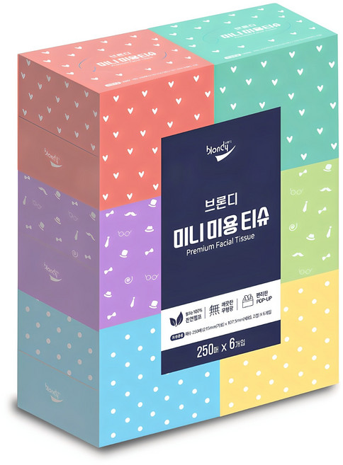 브론디 미니 천연펄프 미용티슈 2겹, 250매, 6개