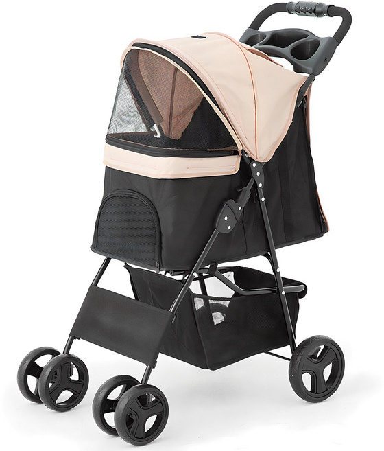탐사 반려동물 베이직 원터치 폴딩 유모차, 블랙 + 베이지, 1개