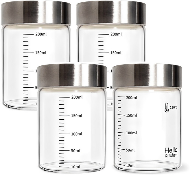 헬로키친 내열유리 눈금 유리병, 200ml, 4개