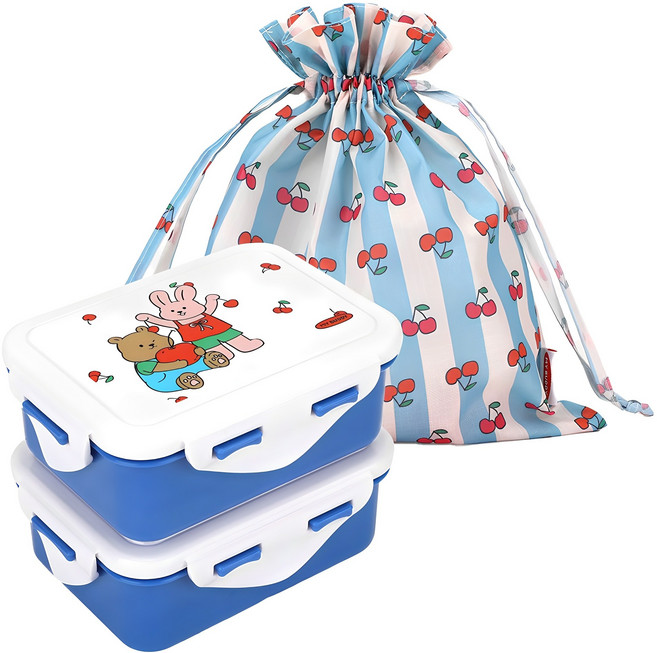 데일리라이크 마이 버디 2단 도시락+파우치, 블루, 1개