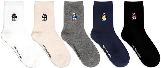 박군 여성용 학생용 곰돌이 중목 양말 5족 세트