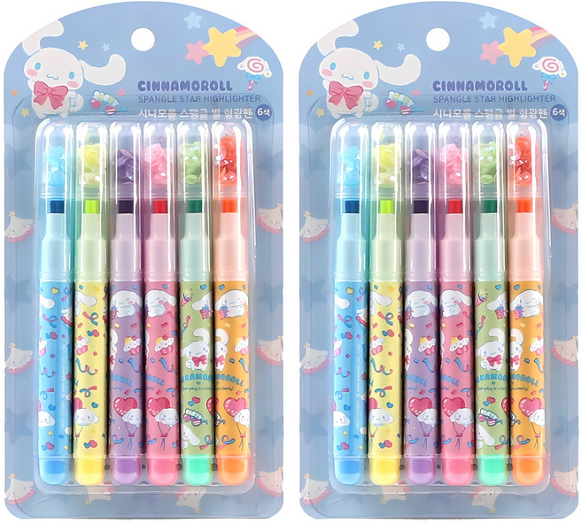 산리오 스펭글 형광펜 6색 세트 시나모롤, 블루, 2개
