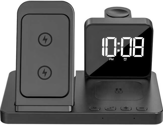 유엠투 애플워치 & 갤럭시워치 4in1 고속 무선 충전기 탁상 알람시계, 블랙, 1개