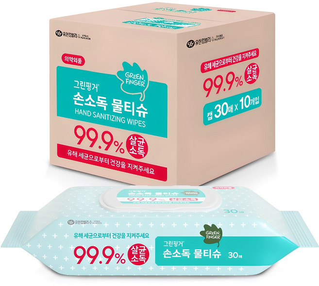 그린핑거 손소독 물티슈 캡형, 30개입, 10개