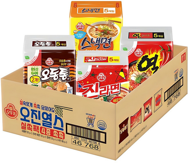 오뚜기 오동통면 120g 5개 + 진라면 매운맛 120g 5개 + 열라면 120g 5개 + 스낵면 108g 5개, 1세트