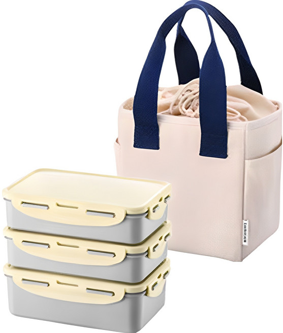 락앤락 데일리 코튼 직사각 3단 찬합 + 가방 + 아이스팩 세트, 아이보리, 1개