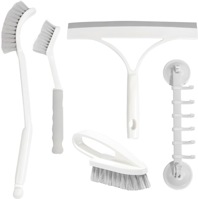 하비티 다용도 욕실 청소 도구 세트 청소도구걸이 + 물기제거 스퀴지 + 사각 바다솔 + 다용도틈새솔 + 롱틈새솔, 1세트, 화이트