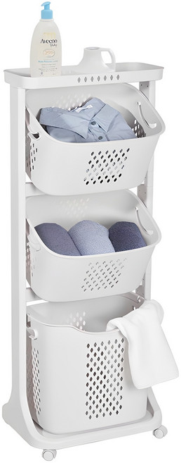 네이쳐리빙 모던 트롤리 스윙 3단 빨래바구니, 아이보리