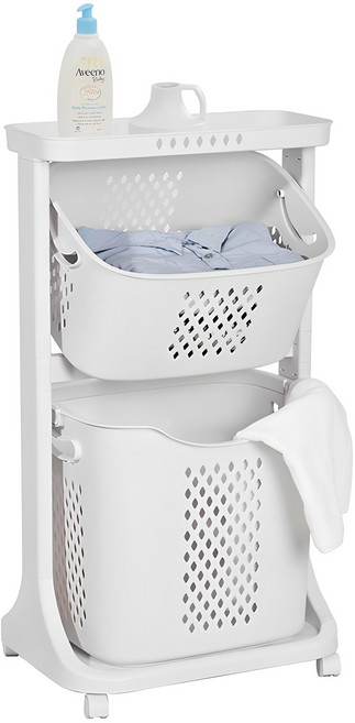 네이쳐리빙 모던 트롤리 스윙 2단 빨래바구니, 아이보리