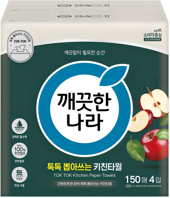 깨끗한나라 톡톡 뽑아쓰는 천연펄프 키친타올, 150매, 4개